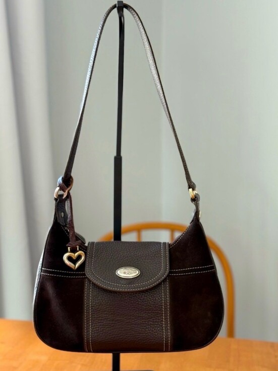 Brighton Handbags - Brighton Dark Brown Leather Shoulder Bag with White Stitching